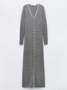 Zara Gray Ribbed Button-Front V‑Neck Maxi Dress